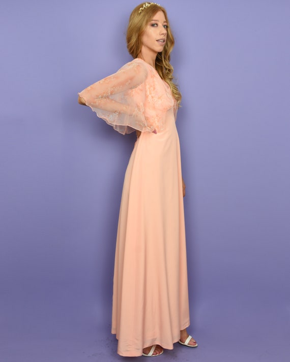 1970s ARDYN Vintage Dress S Peach Chiffon Cape Sl… - image 8