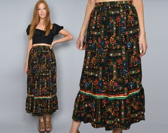 1970s BRANWEN Vintage Skirt XXS Floral Print Black High Waisted Bohemian 70s Hippie Maxi Peasant Skirt with Flounce Hem - Size 2XS