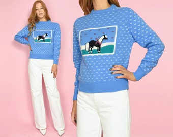 1990s PONY PALS Vintage Jumper XS Sky Blue Novelty Horse Print Wool Blend Knit 90s Grunge Sweater with Ribbing - Size Extra Small