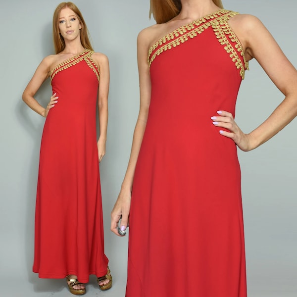 1970s AVA Vintage Dress XXS Scarlet Red One Shoulder Maxi Gown with Gold Braid Trim - Goddess Glamour Formal Party Cocktail - Size 2XS