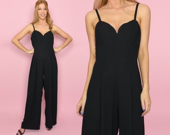 1990s MIDNIGHT ICON Vintage Jumpsuit XS-S - Black Spaghetti Strap Wide Palazzo Leg Crepe 90s Playsuit - Size Extra Small to Small