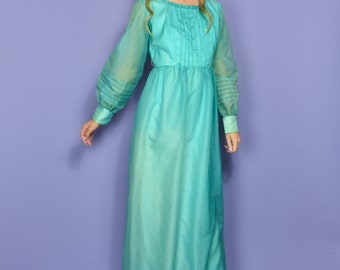 1960s MARIPOSA Vintage Dress S Aqua Green Blue Long Sleeve Dreamy Romantic Floaty Jeanne de Campo 60s Maxi Gown / Size Small