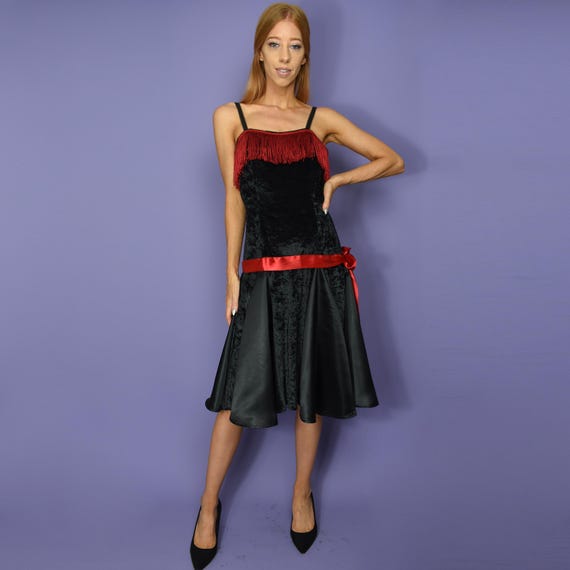 Vintage 80s Velvet Dress / Black and Red, Fringing & Satin Bow - Size Extra  Small - Etsy