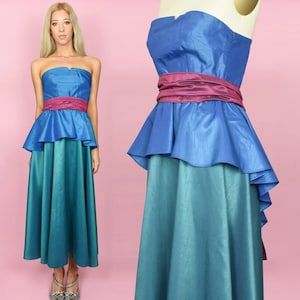 1980s JULIANA Vintage Dress XXS Jewel Toned Strapless Midi Gown with Bow Feature - Retro Glam Prom Style - Size Extra Extra Small