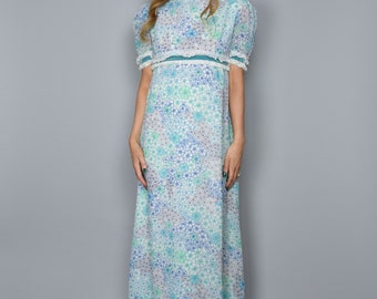 1960s Vintage Turquoise Floral Prairie Maxi Dress / High Neck, Empire Waist - Size M