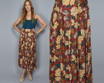 1980s FREE BIRD Vintage Skirt S Earthy Botanical Print High Waisted Pointed Yoke Flowy Boho Midi Length Hippie 80s Skirt - Size Small