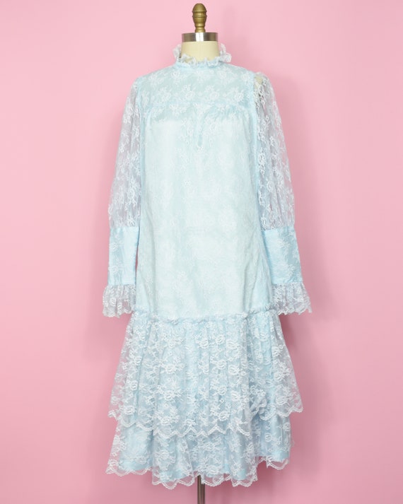 1970s HONORINE Vintage Dress L Baby Blue Lace Mid… - image 9