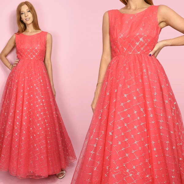 1960s GRACIEUSE Vintage Dress XXS Red with Silver Detail Print Tulle 60s Ball Gown Prom Party Maxi Formal Full Skirt Dress - Size 2XS