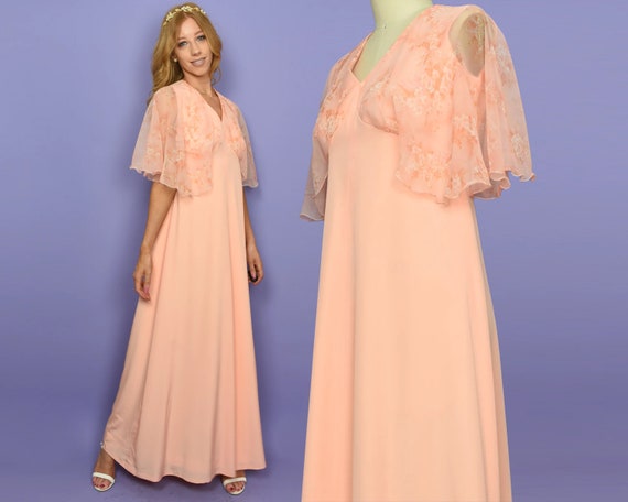 1970s ARDYN Vintage Dress S Peach Chiffon Cape Sl… - image 1