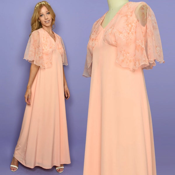 1970s ARDYN Vintage Dress S Peach Chiffon Cape Sleeve Romantic 70s Maxi - Apricot A Line Retro Prom Party Formal Gown - Size Small