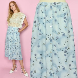 1990s KIRBY Vintage Skirt XL Soft Blue Floral Print Button Up Midi Skirt With Pockets - Pastel Feminine Grunge - Size Extra Large