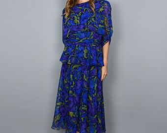 Vintage 1980s Dark Blue Swirl Print Crepon Dress / Floaty Cape Bodice Midi - Size XS-S