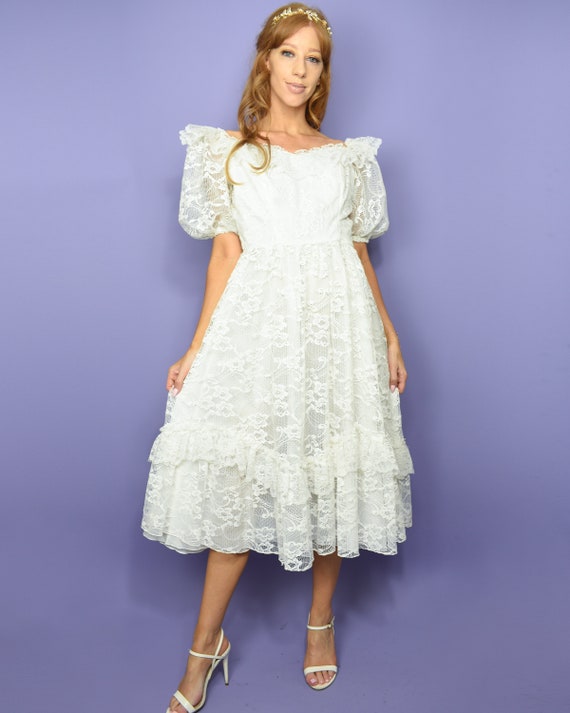 1980s WINGS of a DOVE Vintage Dress M White Lace … - image 2