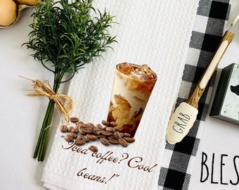 Iced Coffee, Cool Beans Dish Towel Png Design with Coffee Beans| Dtg | Png| DIGITAL DESIGN ONLY