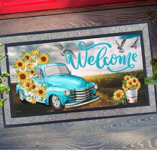 Door Mat Sublimation Design Download, Farmhouse vintage Rustic Truck with beautiful daisy's and sunflowers PNG, Rug Designs, Doormat PNG