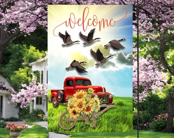 Welcome Vintage farm truck garden flag with sunflowers daises and duck in country setting Garden Flag| Garden flag png| DIGITAL DESIGN ONLY