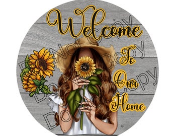 spring/summer girl sunflower lover welcome door sign with shiplap background png, summer door sign, pretty farm girl welcome to our home