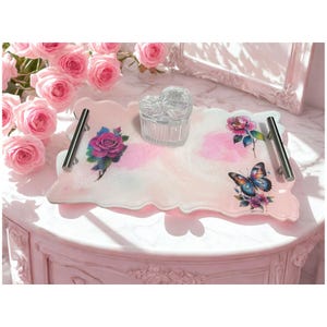 Handmade Butterfly Resin Tray | Pink Floral Shimmering Vanity Decor