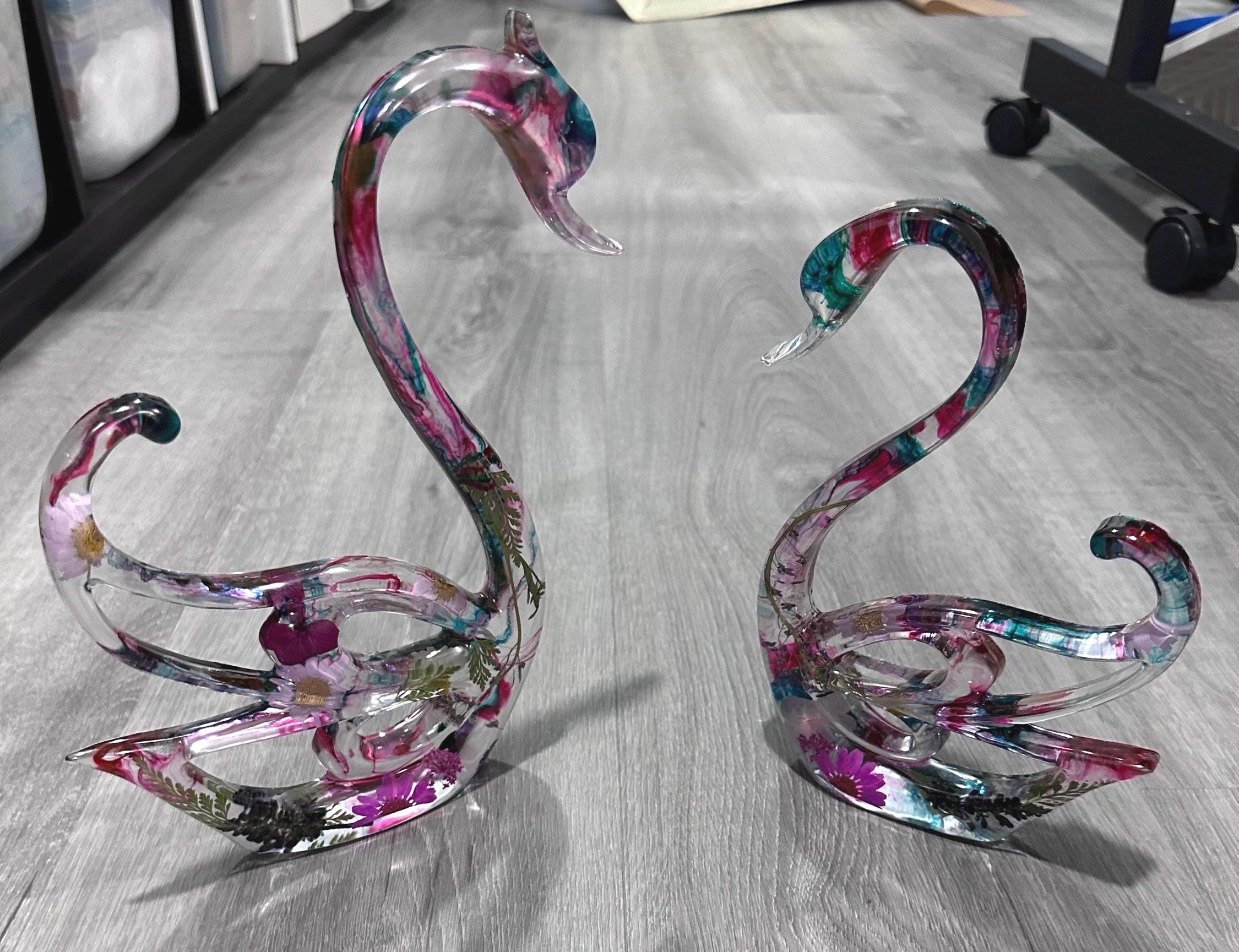 Pressed Flower Resin Swan Set, Handmade Floral Swan Pair, Romantic ...