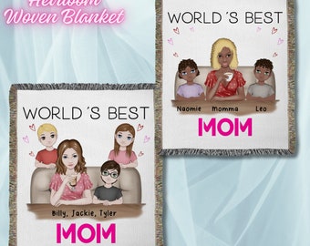 La migliore coperta tessuta per la mamma al mondo - Regalo personalizzato per la mamma - Coperta accogliente e personalizzata per la Festa della mamma (Ritratto) 1-4 bambini
