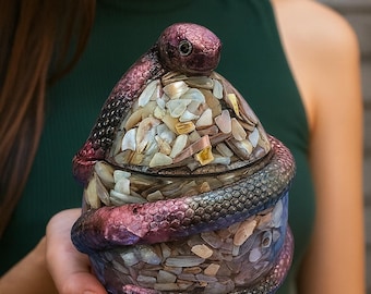 Resin Snake Jar with Natural Shell Inlay | Handmade Collectible Trinket Box | Snake Decor | Reptile Lover Gift | Collaboration Art Piece