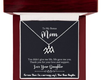 Zodiac Necklace for Bonus Mom - Custom Message Card - Daughter's Gift - Zodiac Symbol Necklace - Luxury Box