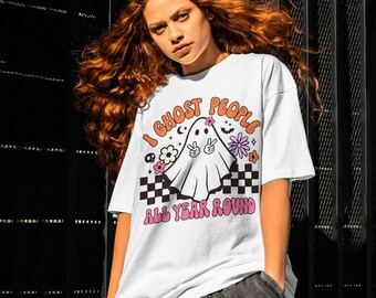 I Ghost People All Year Round T-Shirt Design with Cute Ghost and Flowers|Png |DIGITAL DESIGN ONLY