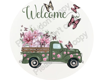 Rustic truck Door welcome sign without background, Sublimation Design Download, Farmhouse Truck with beautiful flowers and butterflies PNG