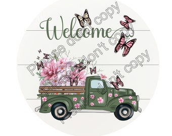 Door welcome sign with faux shiplap Sub Design Download, Rustic Farmhouse Truck with beautiful flowers and butterflies PNG, sign Design,PNG