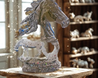 Resin Horse & Foal Figurine | Silver /Gold Foil Glitter Keepsake | Handmade Animal Display | Gift for Horse Lover| Figurine