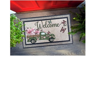 Door Mat Sublimation Design Download, Farmhouse Rustic Truck with beautiful flowers and butterflies PNG, Rug Designs, Doormat PNG