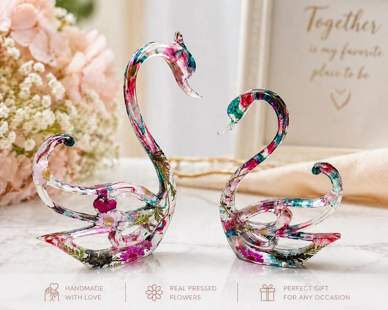 Pressed Flower Resin Swan Set, Handmade Floral Swan Pair, Romantic ...