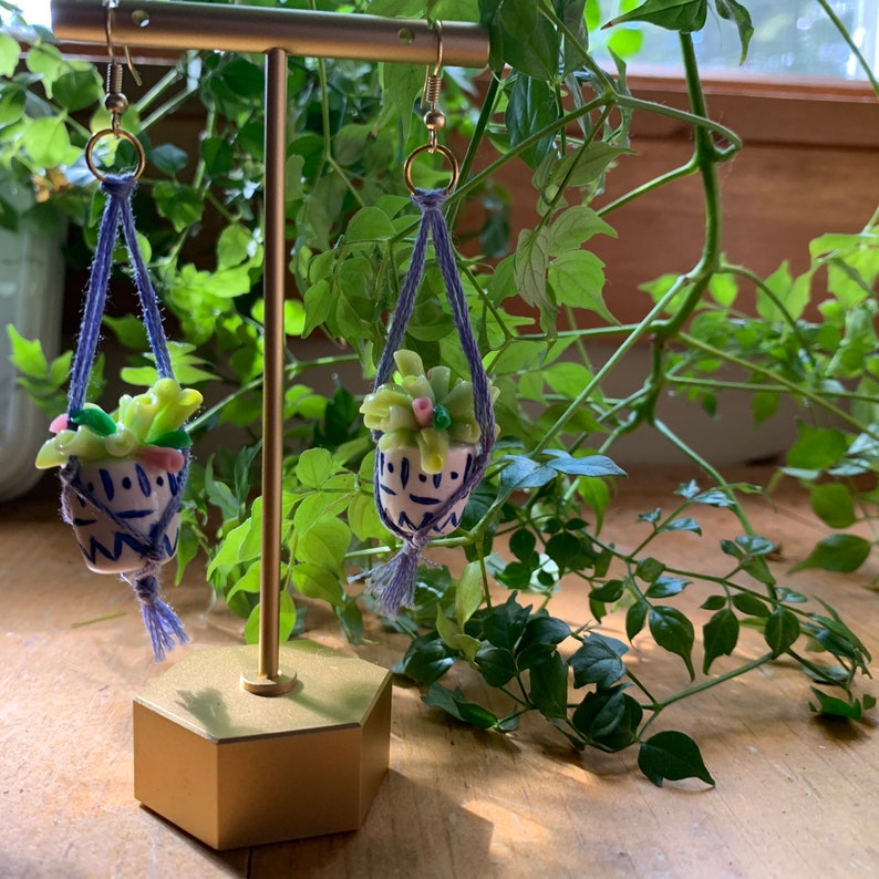 ROSE macrame hanging plant earrings Clay earrings