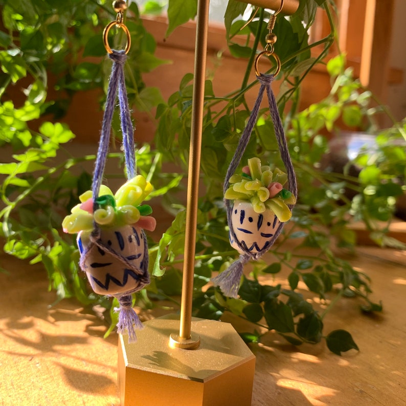 ROSE macrame hanging plant earrings Clay earrings
