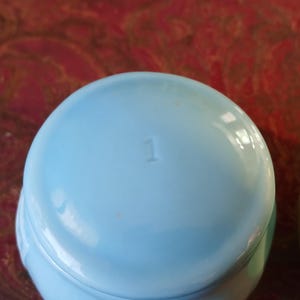 Puede incluir: Primer plano de un objeto de cer&aacute;mica azul claro con el n&uacute;mero "1" grabado en la parte superior. El objeto es redondo y tiene un acabado brillante. El fondo es de color rojo oscuro.