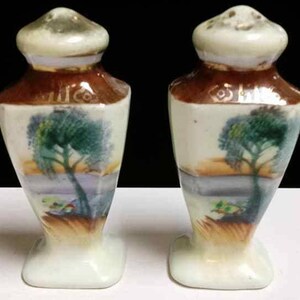 Vintage Japanese Porcelain Scenic Salt and Pepper Shakers