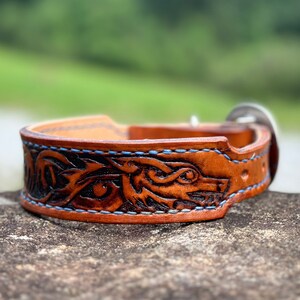 Tooled Leather Dog Collar - 12-16” - Viking Wolf Pattern - 100% Handcrafted