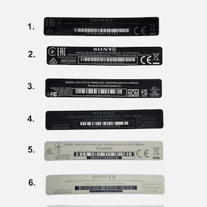 May include: Seven black and white labels with barcodes and text. The labels are for a PS4 controller. The text on the labels includes "SONY", "MODEL", "WIRELESS CONTROLLER", "DC", "SV", "800mA", "CE", "EAC", "NOM", "MADE IN CHINA", "4 GAMES", "Complies with IDA Standards", and "08102588".