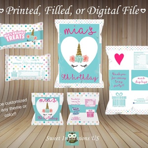 May include: A set of printable chip bag labels featuring a unicorn theme. The labels are designed for a 9th birthday party and include the text "mia's 9th birthday". The labels are customisable with any theme or colour.