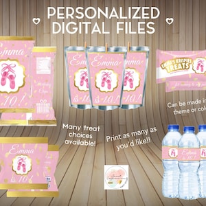 Ballerina Gold und Pink Geburtstags-Leckereien, Chipsbeutel, Frucht Snacks, kundenspezifische Gastgeschenke, digitale Datei, Reis Krispy