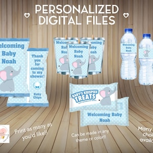 Blue Polka Dot Elephant Baby Shower Treats, Chip Bags, Fruit Snacks, Custom Party Favors, Digital File, Rice Krispy PERSONALIZED