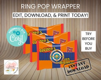May include: Orange Ring Pop wrappers with blue and red accents, featuring the text "Jayden's 8th Birthday". The wrappers have a bullseye design and the text "Edit, Download, & Print Today!" is displayed.
