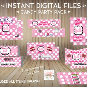 May include: Printable pink and white polka dot candy bar wrappers with a pink bow and the text "Happy Birthday!"  These wrappers are designed for Fun Dip, Hershey's, Skittles, Pop Rocks, and Punch candy bars.