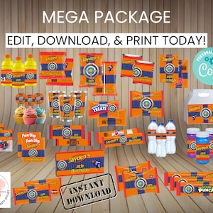 May include: A collection of party supplies with an orange, blue, and white color scheme. The text "MEGA PACKAGE" and "EDIT, DOWNLOAD, & PRINT TODAY!" are displayed at the top. The products include bottles, snacks, and labels.