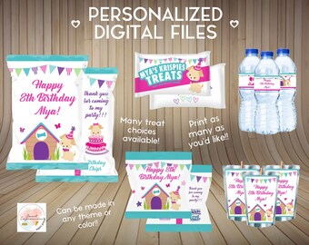 May include: Printable digital files for a dog-themed birthday party. The design features a pink and purple dog house, a dog wearing a party hat, and the text "Happy 8th Birthday Mya!" The files can be customized with different colors and themes.