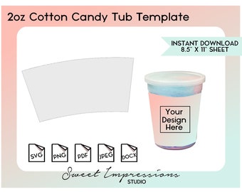 Modello per involucro di vaschetta di zucchero filato / Modello vuoto / svg, png,pdf, jpeg, docx, canva / Fai da te stampabile / Dimensioni vaschetta 2oz / DOWNLOAD IMMEDIATO