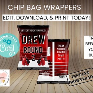 May include: Red and black chip bag wrappers with boxing glove graphics. The wrappers say "DREW ROUND 2" and "Thank you for coming to my party!" with the text "Edit, Download, & Print Today!"