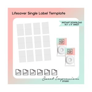Może przedstawiać: Szablon pojedynczej etykiety Lifesaver z 12 prostokątnymi przestrzeniami na etykiety. Obraz zawiera tekst "Lifesaver Single Label Template" i "Natychmiastowe pobieranie arkusza 21,6 cm x 27,9 cm". Dwa cukierki Lifesaver są pokazane z etykietami "Your Design Here".