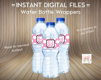 Etiqueta digital para botella de agua con lunares rosas y lazo, descarga instantánea, regalo de cumpleaños (no personalizado)