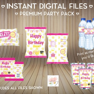 Könnte beinhalten: Digitales Party-Paket mit druckbaren Designs für eine Geburtstagsfeier. Enthält Wasserflaschenetiketten, Chipstüten und Tüten mit einem rosa und gelben Polka-Dot-Thema. Der Text enthält "Happy Birthday" und "Birthday Krispies Treats".